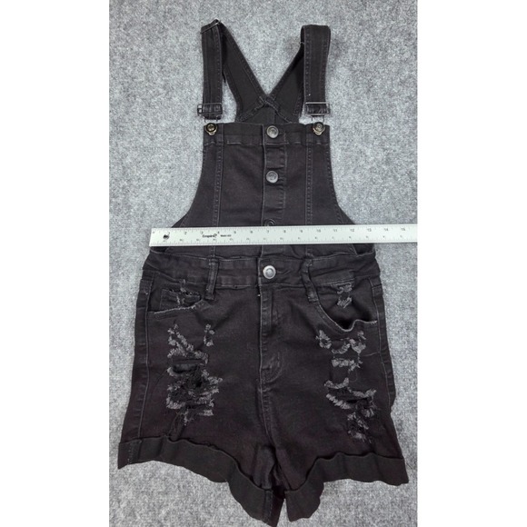 rue21 Overall Shorts Black Distressed Denim Women's Size 8 Stretch - Picture 4 of 8